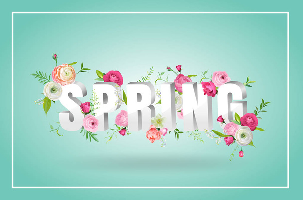 Hello Spring Floral Design with Blooming Flowers. Botanical Springtime Background with Roses for Decoration, Poster, Banner, Voucher, Sale, T-shirt, Print. Vector illustration - Wektor, obraz