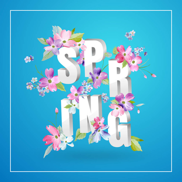 Hello Spring Floral Design with Blooming Flowers. Botanical Springtime Background for Decoration, Poster, Banner, Voucher, Sale, T-shirt. Vector illustration - Vector, imagen