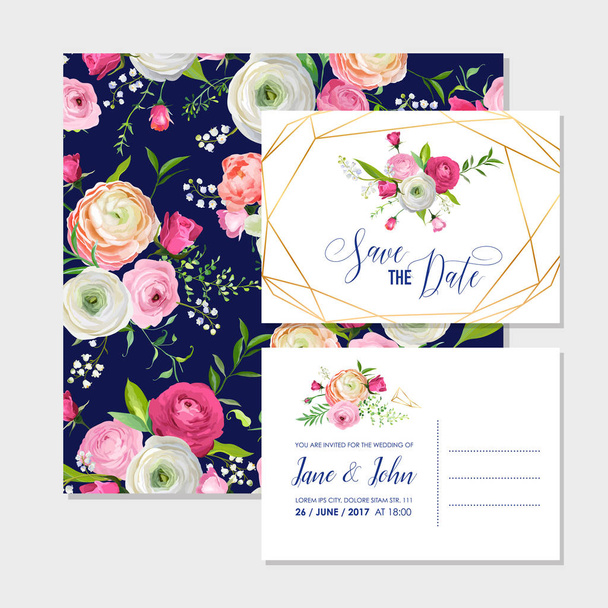 Save the Date Card Set with Blossom Pink Flowers and Golden Elements. Wedding Invitation, Anniversary Party, Decoration, RSVP Floral Template. Vector illustration - Vector, Image