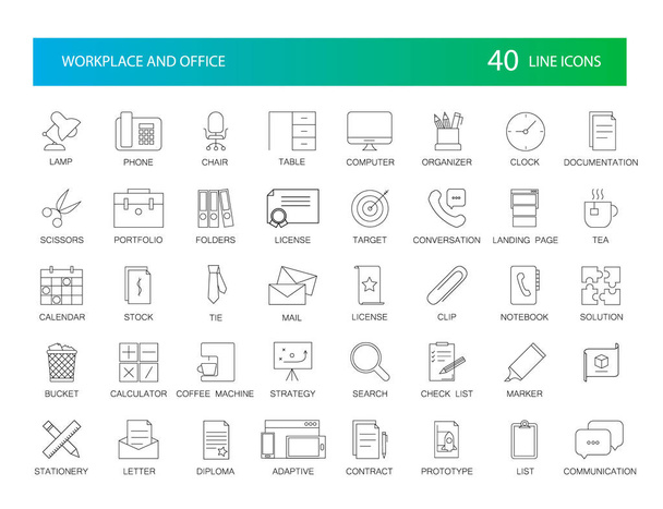 Line icons set. Workplace nad Office pack. - Vector, Image
