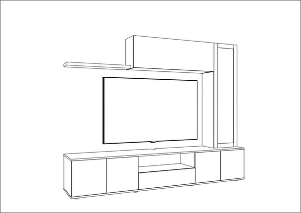 3D-vector schets. TV stand en entertainment center met toestellen en decoren.  - Vector, afbeelding