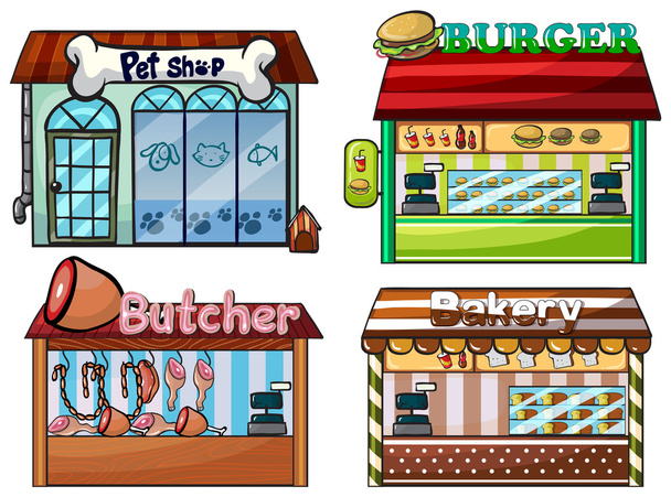 Petshop, stand de hamburgers, boucherie et boulangerie
 - Vecteur, image