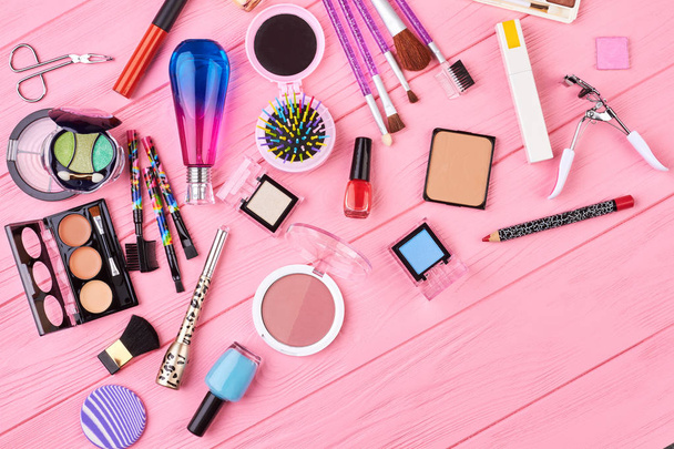Essentials makeup background, top view. - Photo, Image