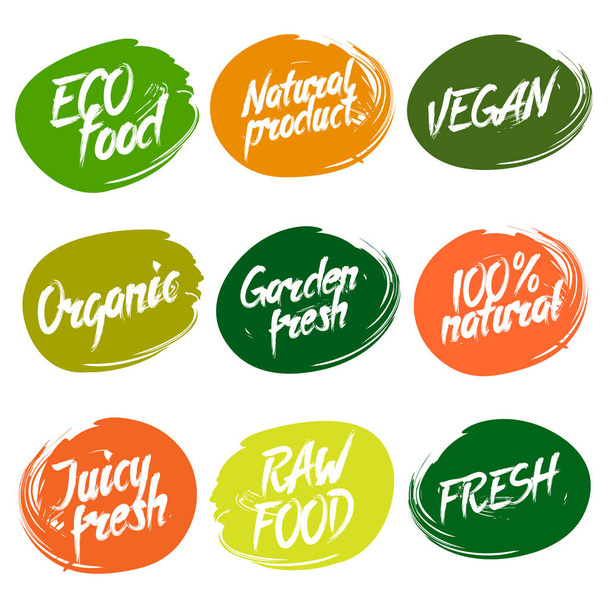 Etiketten mit frischen und natürlichen Lebensmitteln. Tags für biologische und vegane Lebensmittel. - Vektor, Bild