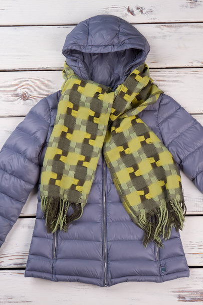 Grijze jas en groene sjaal - Foto, afbeelding