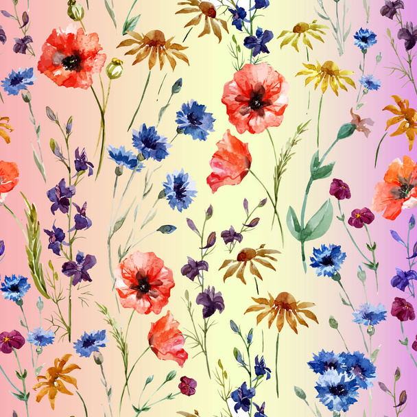 ピンクのグラデーション背景に野の花の水彩画のパターン - ベクター画像