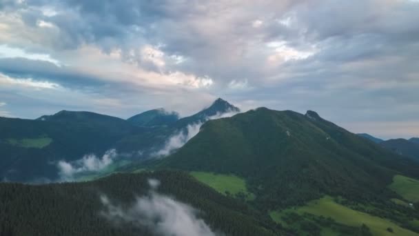 Luchtfoto van groene boslandschap met snelle bewegende kluiten over bergen time-lapse - Video