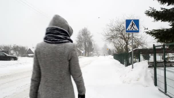 kobieta krzyż ulicy zima - Materiał filmowy, wideo
