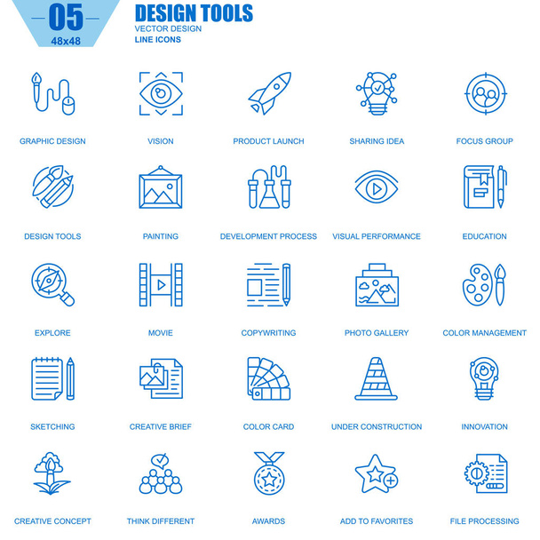 Thin-Line-Design-Tools, Kunst- und Mediensymbole für Webseiten, mobile Websites und Apps. enthält Ikonen wie Innovation, Vision, Malerei. Vektorillustration - Vektor, Bild