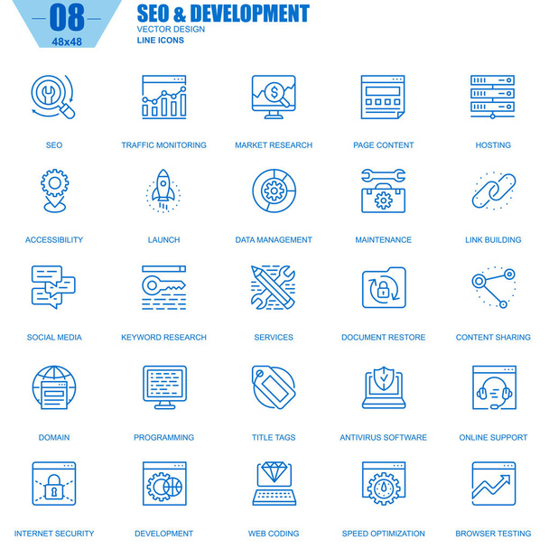 Conjunto de iconos de SEO y desarrollo de línea delgada para sitio web y sitio móvil y aplicaciones. Contiene iconos como Hosting, Investigación de Mercado, Programación. Ilustración vectorial
 - Vector, imagen