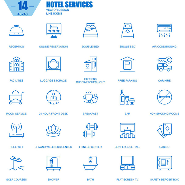 Thin line hotel services and facilities, online booking icons set for website and mobile site apps. Contains such Icons as Reception, Bar. Vector illustration - Vector, Image
