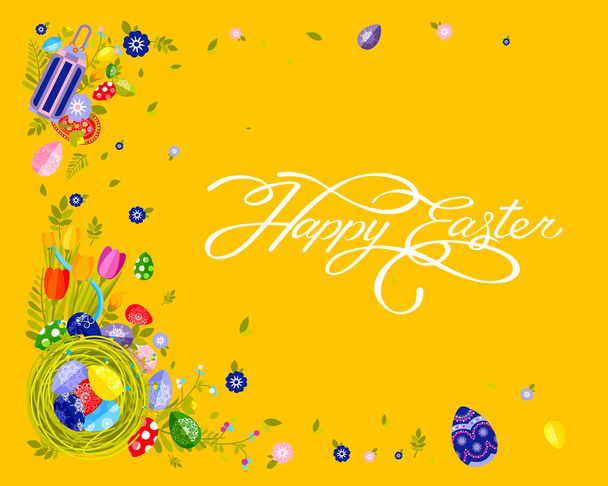 Banner inscripción mano letras caligrafía Feliz nido de Pascua con huevos de colores, fondo amarillo tulipán primavera
 - Vector, Imagen