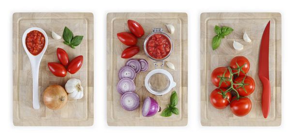 トマト、玉ねぎ、ニンニク、バジル、s とまな板のセット - 写真・画像