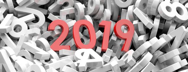 2019 New year. Red 2019  figures on white numbers background, banner. 3d illustration - Фото, зображення