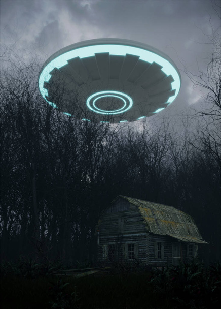 3D render Ufo felett a kunyhót az erdőben - Fotó, kép