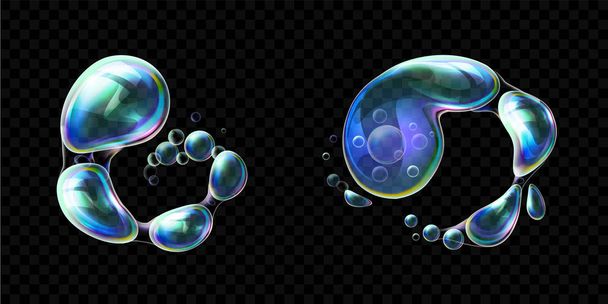 Conjunto de burbujas de jabón de colores transparentes realistas en la deformación. Esferas de agua con aire, globos jabonosos, espuma, suds, jabones. Bolas de espuma brillante con reflejo brillante. Ilustración vectorial 3d
 - Vector, Imagen