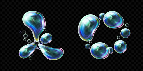 Set of realistic transparent colorful soap bubbles in the deformation. Water spheres with air, soapy balloons, lather, suds, soapsuds. Glossy Foam Balls with bright reflex. Vector 3d illustration - Vector, Image