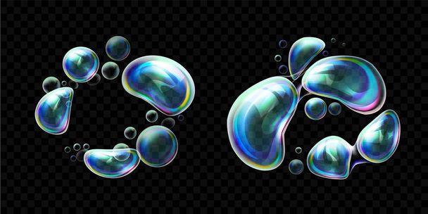 Set of realistic transparent colorful soap bubbles in the deformation. Water spheres with air, soapy balloons, lather, suds, soapsuds. Glossy Foam Balls with bright reflex. Vector 3d illustration - Vector, Image