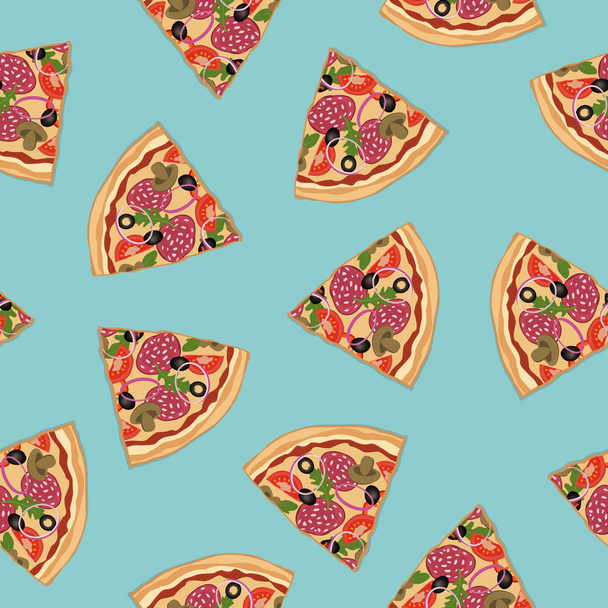 Pizza slices op een blauwe achtergrond. Naadloze patroon. Pizza met salami, tomaten en champignons. Vectorillustratie - Vector, afbeelding