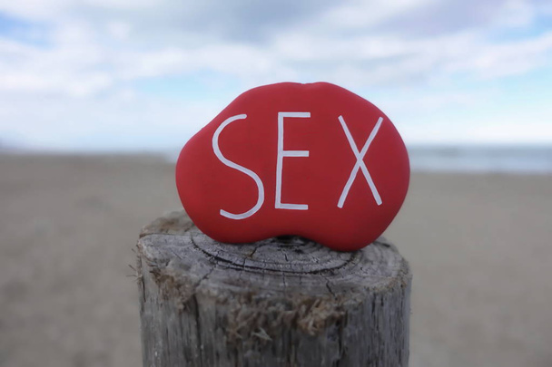 Sex text on a red colored stone on a wooden pole at the beach - Photo, Image
