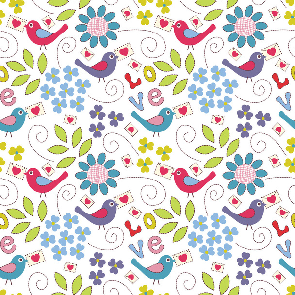 Romantic seamless pattern. Birds, flowers and hearts - Vektori, kuva