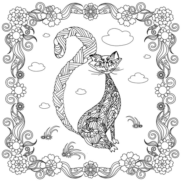 Black cat in flower frame monochrome sketch, coloring page antistress stock vector illustration for print, for coloring page - Vector, Image