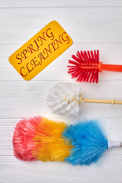 Spring cleaning concept with supplies. - Photo, Image