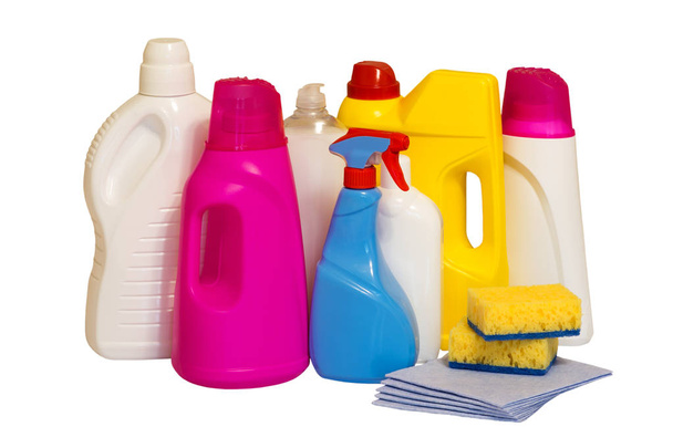 Set van multi-gekleurde plastic verpakkingen voor huishoudelijke chemicaliën, - Foto, afbeelding