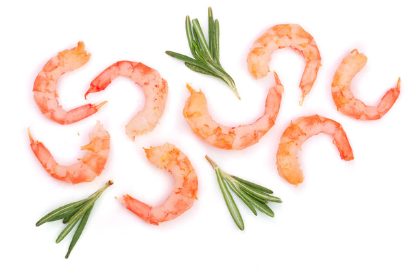 Red cooked prawn or shrimp with rosemary isolated on white background. Top view. Flat lay - Photo, Image