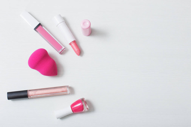 female pink cosmetics, top view - Fotó, kép