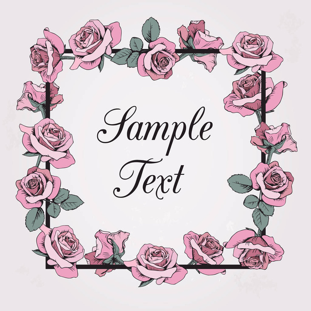 Floral frame with sample text on beige background. Pink roses. - Vektör, Görsel