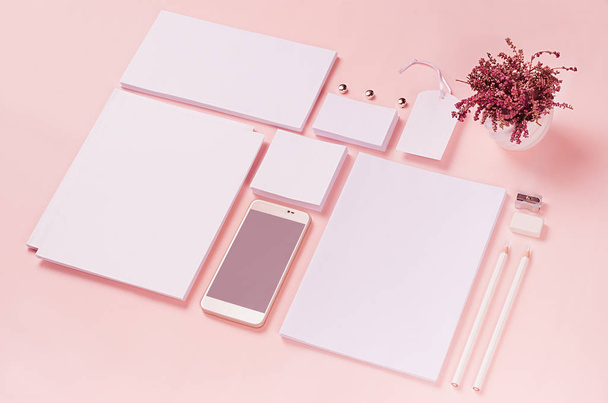 White branding stationery, mock up scene on light soft pastel pink background, blank objects for placing your design. - Фото, изображение