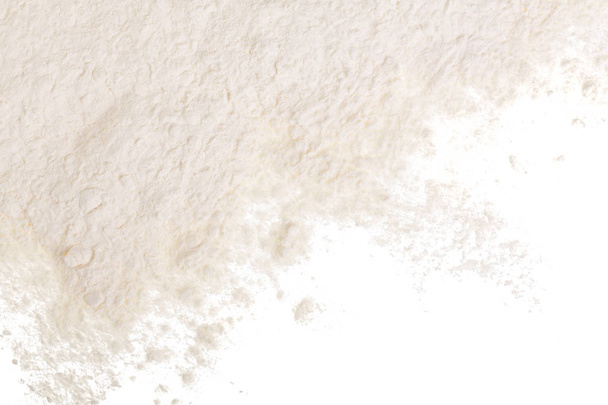 Pile of flour isolated on white background with copy space for your text. Top view. Flat lay - Foto, Imagem