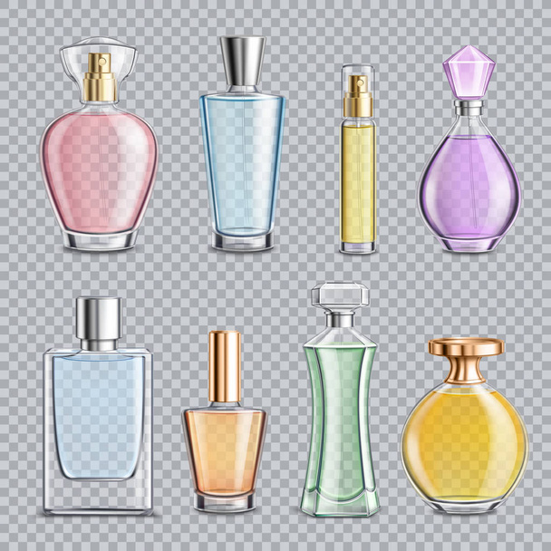 Parfum glazen flessen transparante achtergrond - Vector, afbeelding