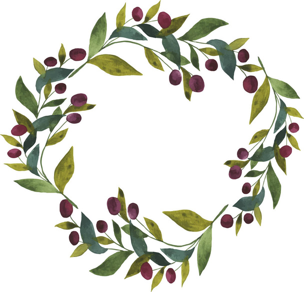 vector illustration design of beautiful watercolor painting of wreath with wild berries and green leaves - Vector, Image