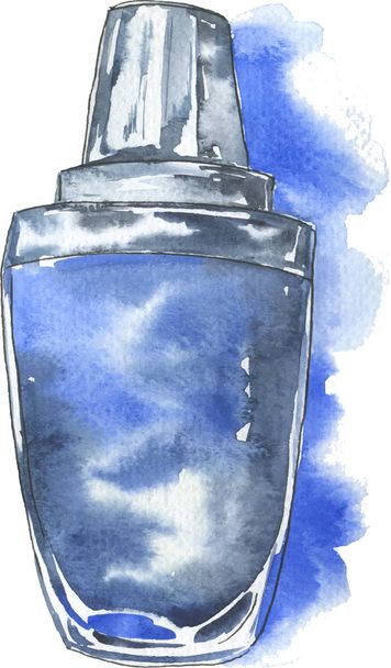 Blue bottle of creme or perfume drawn by watercolor and ink on gradient blue background. Hand drawn illustration. - Vetor, Imagem