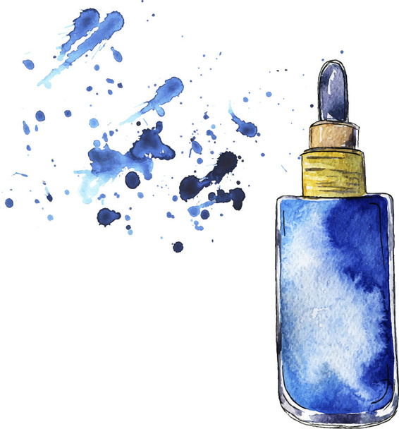 Blue bottle of creme or perfume drawn by watercolor and ink. Hand drawn illustration. - Vetor, Imagem