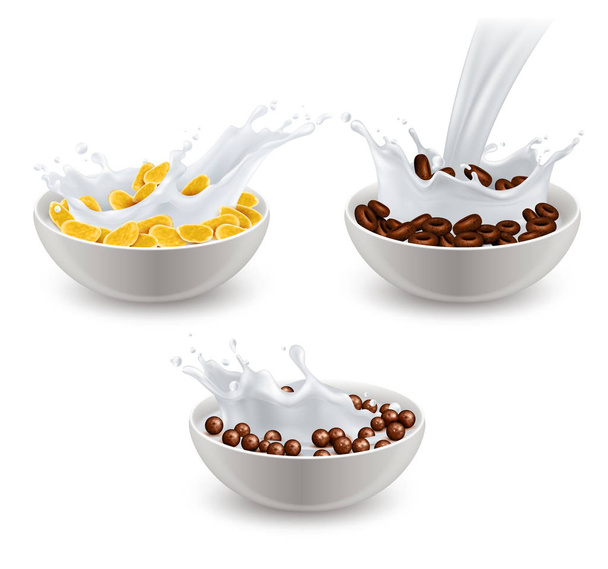 Σετ γάλα δημητριακά ρεαλιστική πρωινού - Διάνυσμα, εικόνα