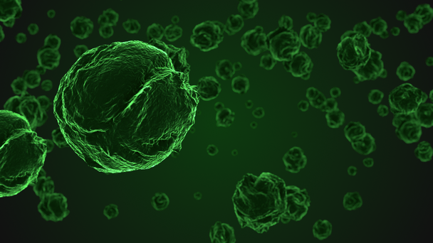 Zöld absztrakt vírus sejtek mikroszkóp alatt. Szaporodását baktériumok vagy fertőzés. Tudományos háttér. 3D rendering illusztráció - Felvétel, videó