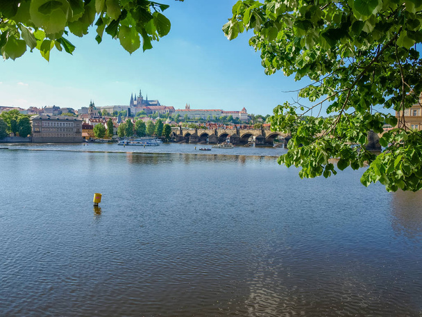 Karlův most a Pražský hrad s řekou na popředí, Praha - Fotografie, Obrázek