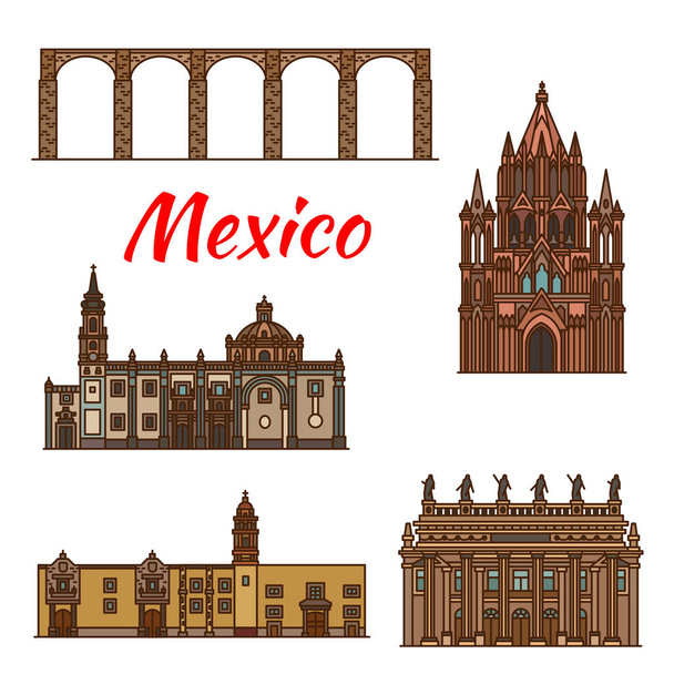 Μεξικό ορόσημα αρχιτεκτονική ανυσματικά εικονίδια γραμμής - Διάνυσμα, εικόνα