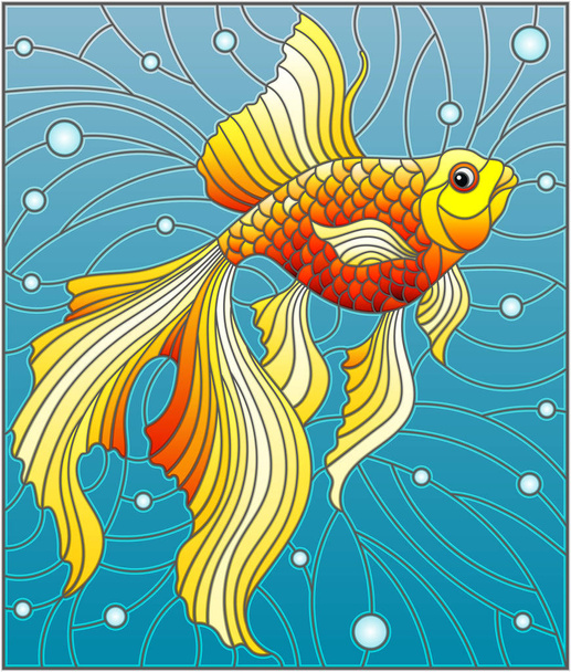 Illustration in stained glass style with bright gold fish on the background of water and air bubbles - Vector, Image