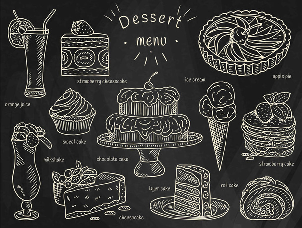 ice cream, chocolate, layer, strawberry, roll, sweet cake, apple pie, orange juice, cheesecake, milkshake, dessert menu - Wektor, obraz