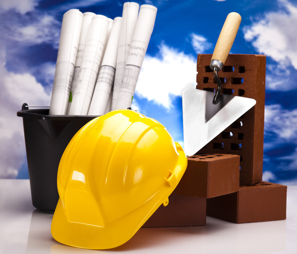 Construction plans and blueprints, bricks - Photo, Image