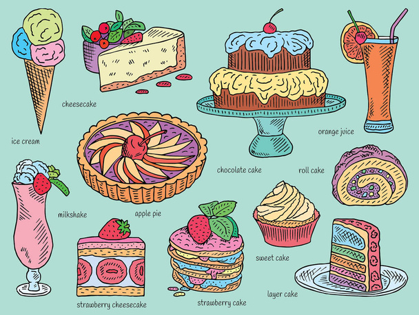 アイスクリーム、チョコレート、レイヤー、イチゴ、ロール、甘いケーキ、アップルパイ、オレンジ ジュース、チーズケーキ、ミルクセーキ、デザート メニュー - ベクター画像