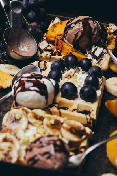 Delicious home made desert with waffles, fruits and ice cream - Fotoğraf, Görsel