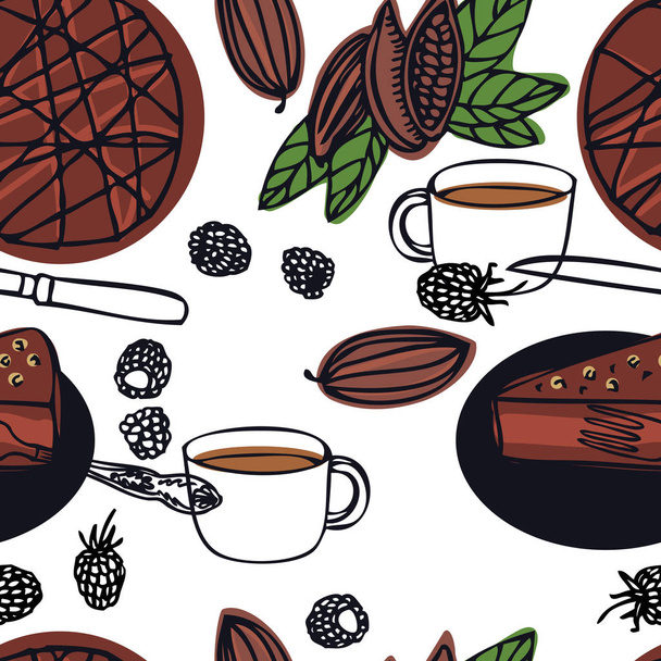 Food collection Delicious raw vegan chocolate cake with raspberries Cocoa beans Seamless pattern - Vettoriali, immagini