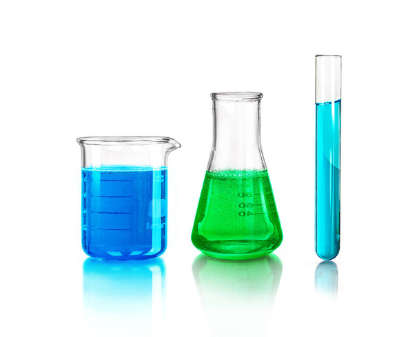 laboratory glassware with multi-colored liquid inside isolated on a white background - Zdjęcie, obraz