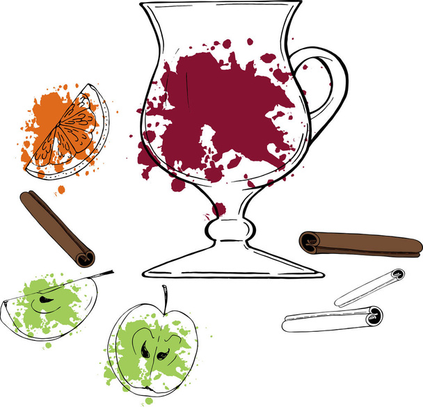 desenho de ilustração vetorial de vinho ruminado com paus de canela e maçãs fatiadas com laranja isolada sobre fundo branco
 - Vetor, Imagem