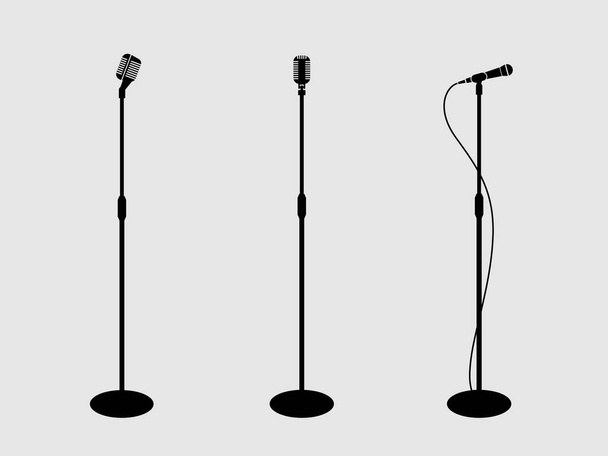 Tre microfoni sul bancone. sfondo chiaro. microfono silhouette. Icona musicale
 - Vettoriali, immagini